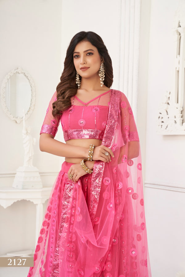 Bright Pink Elegant Butterfly Net Lehenga Set with Intricate Tone-to-Tone Embroidery