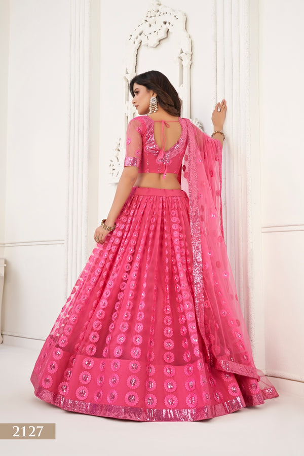 Bright Pink Elegant Butterfly Net Lehenga Set with Intricate Tone-to-Tone Embroidery