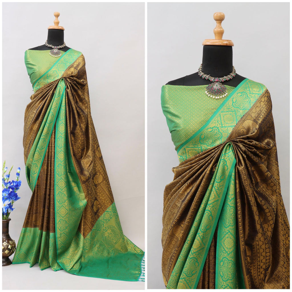 Brown and Sky Blue Kuber Soft Silk Saree with Exquisite Golden Jari Work & Matching Blouse ClothsVilla