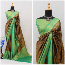 Load image into Gallery viewer, Brown and Sky Blue Kuber Soft Silk Saree with Exquisite Golden Jari Work &amp; Matching Blouse ClothsVilla