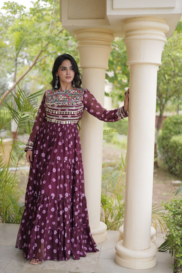 Brown Bandhani Print Gown ClothsVilla