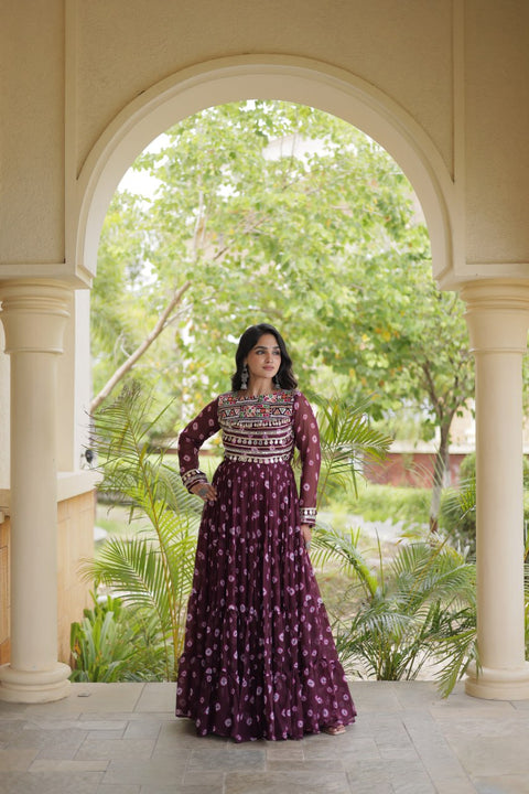 Brown Bandhani Print Gown ClothsVilla Main image