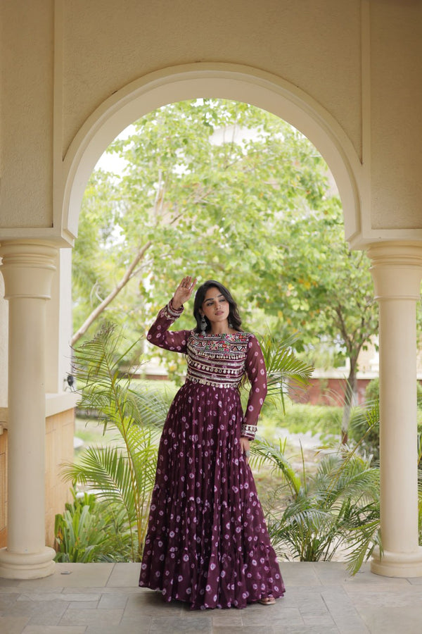 Brown Bandhani Print Gown ClothsVilla