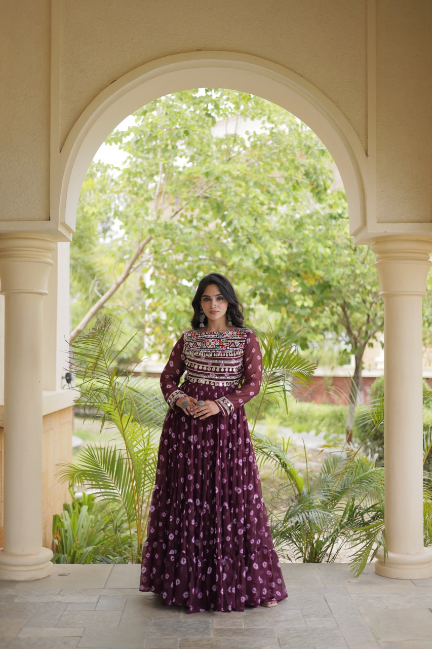 Brown Bandhani Print Gown ClothsVilla
