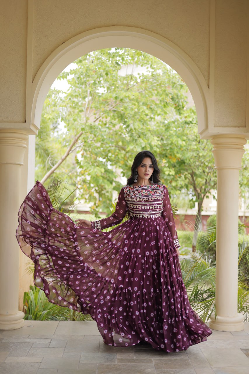 Brown Bandhani Print Gown ClothsVilla