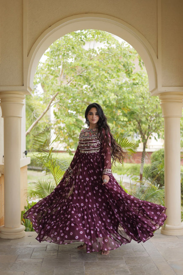 Brown Bandhani Print Gown ClothsVilla