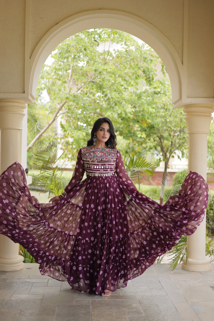 Brown Bandhani Print Gown ClothsVilla