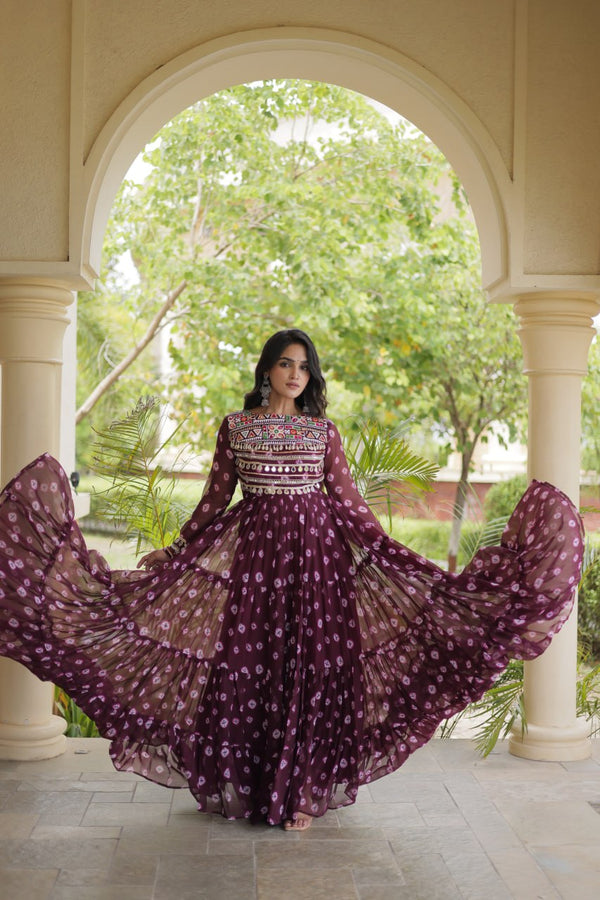 Brown Bandhani Print Gown ClothsVilla