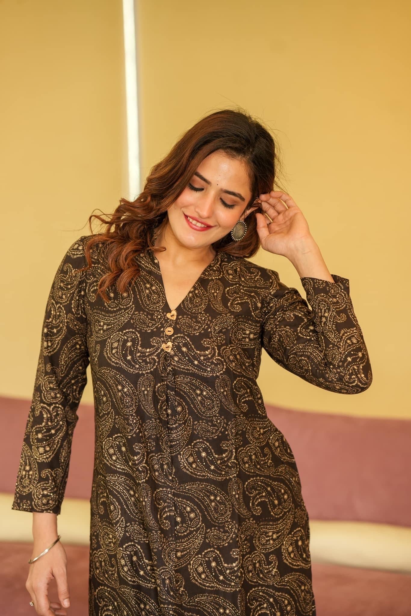 Brown Black Maslin Kurta Palazzo Set with Heavy Digital Print ClothsVilla