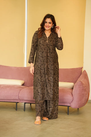 Brown Black Maslin Kurta Palazzo Set with Heavy Digital Print ClothsVilla