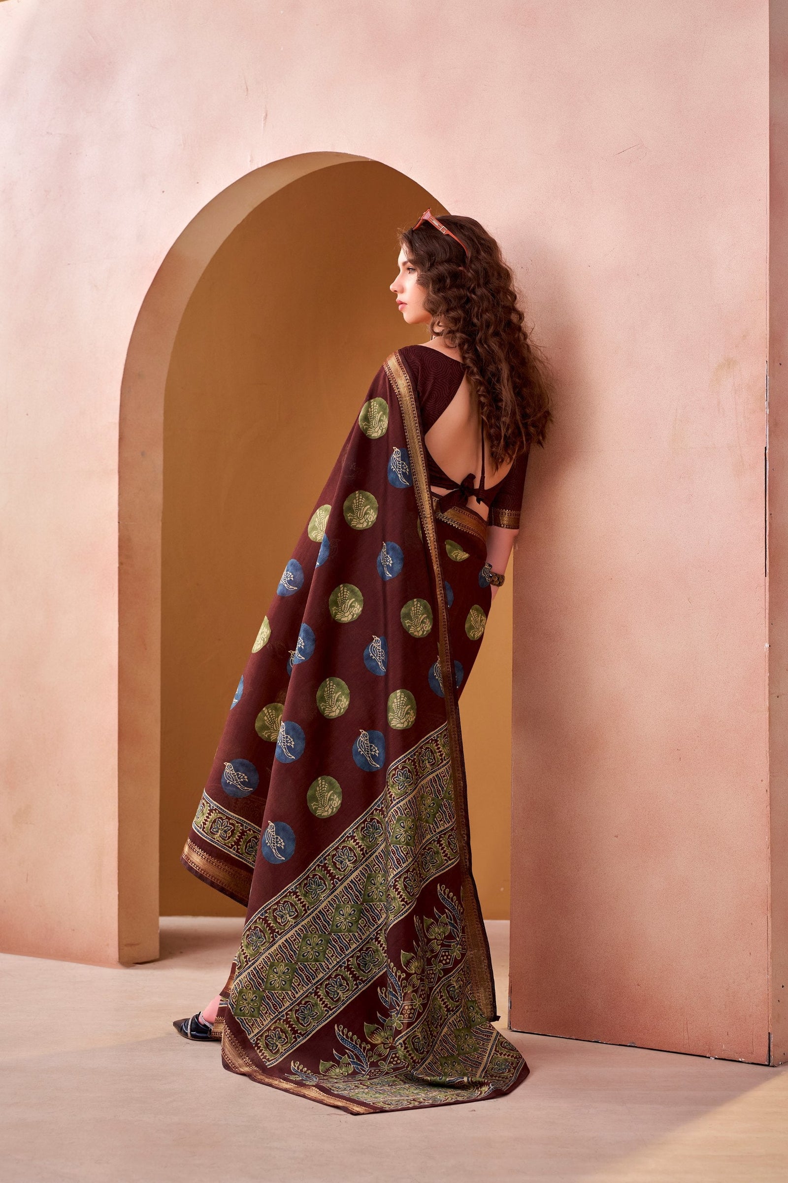 Brown Chanderi Printed Saree ClothsVilla