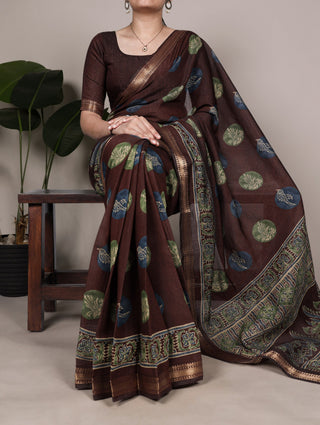 Brown Chanderi Printed Saree ClothsVilla