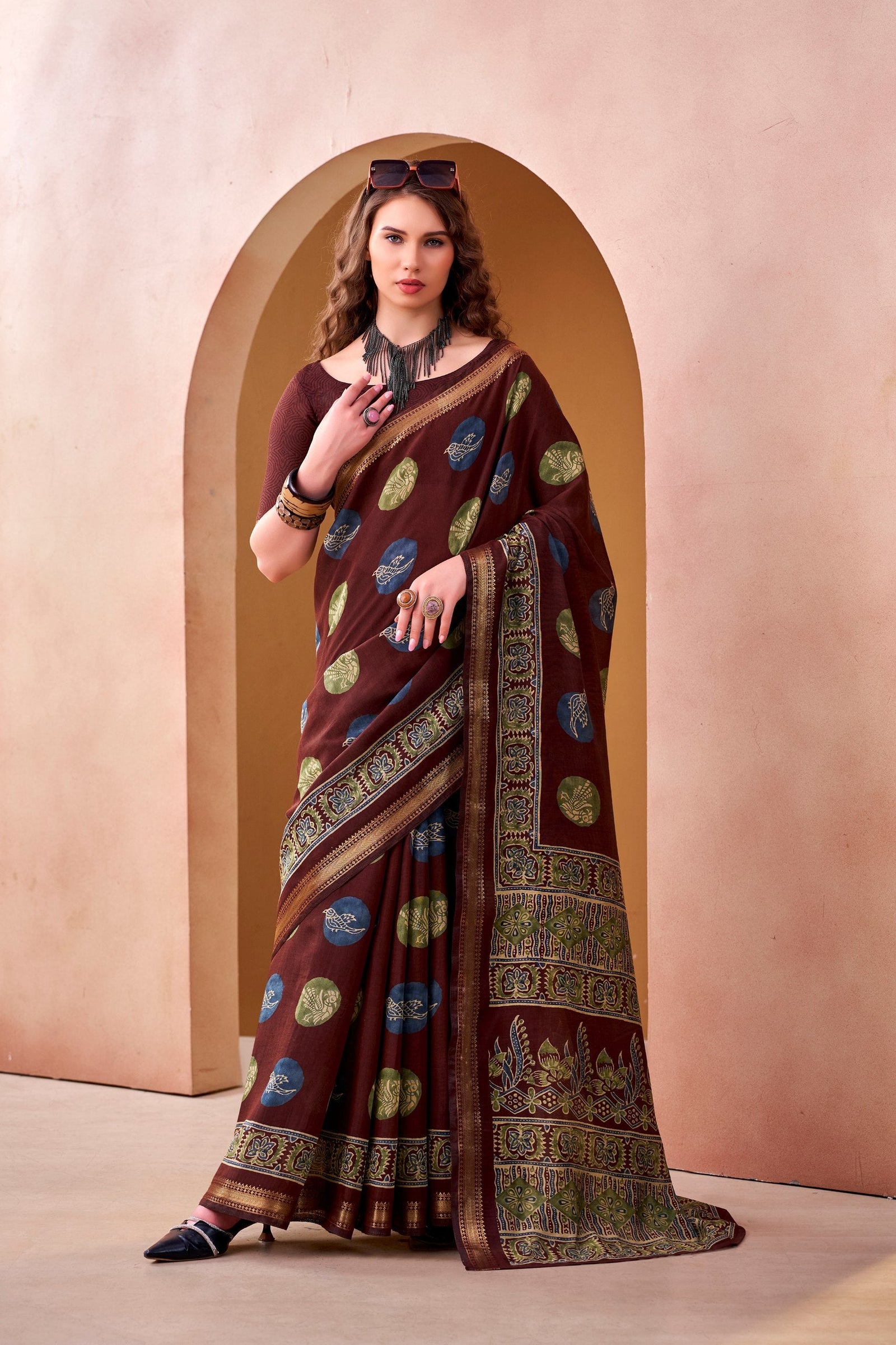 Brown Chanderi Printed Saree ClothsVilla