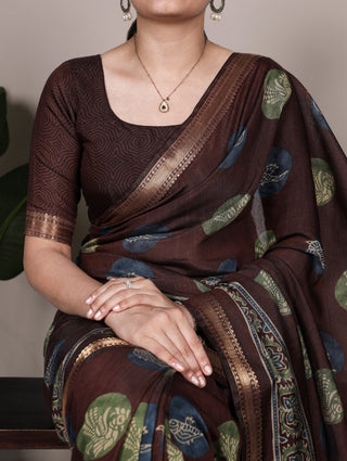 Brown Chanderi Printed Saree ClothsVilla