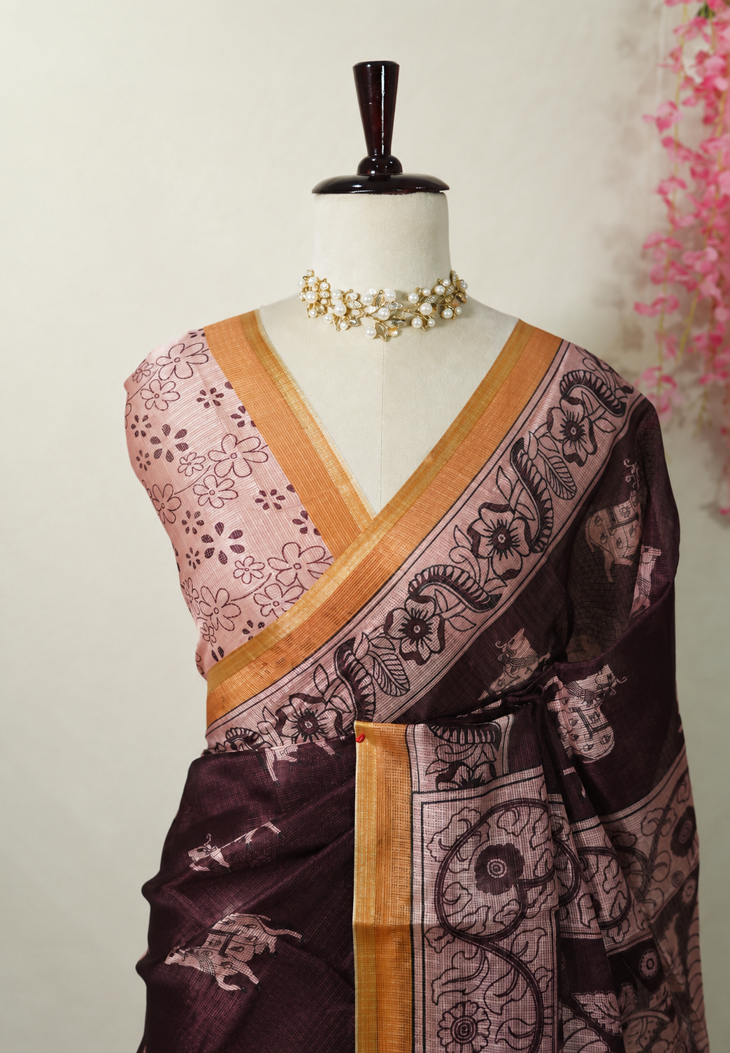 Brown Chanderi Saree with Kalamkari Floral Print & Blouse ClothsVilla