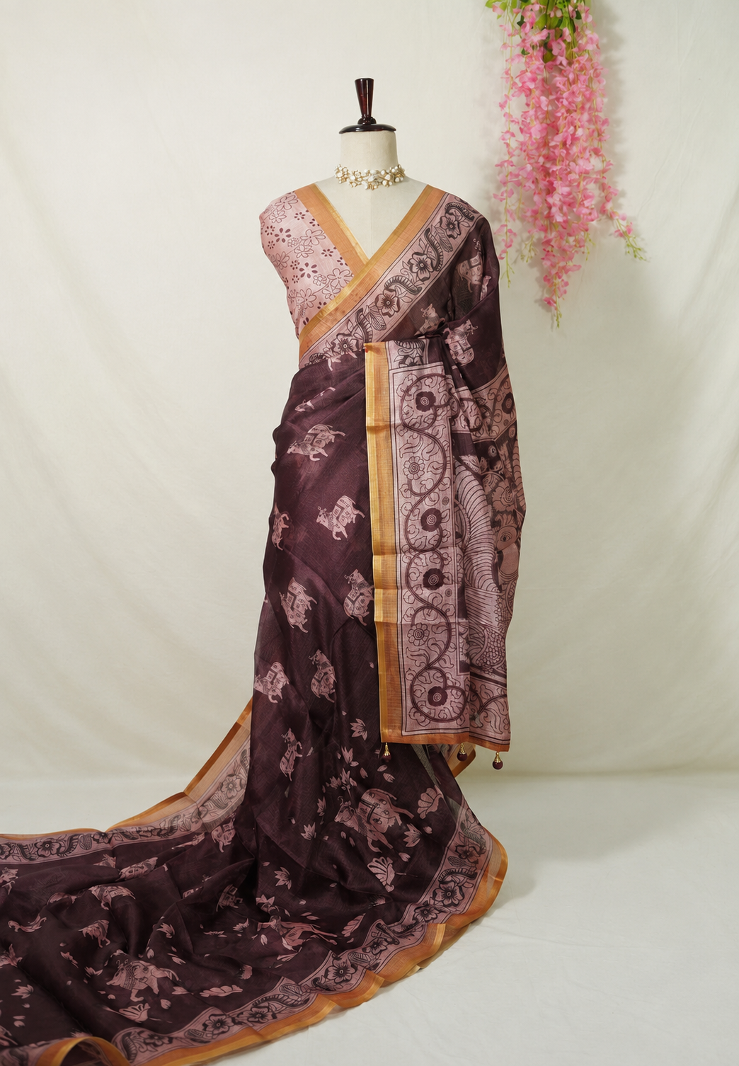 Brown Chanderi Saree with Kalamkari Floral Print & Blouse ClothsVilla