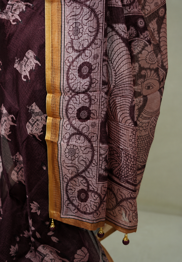 Brown Chanderi Saree with Kalamkari Floral Print & Blouse ClothsVilla