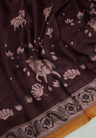 Brown Chanderi Saree with Kalamkari Floral Print & Blouse ClothsVilla