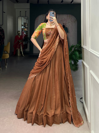 Brown Chocolate Crush Handwork Gotta Patti Lehenga Choli Set with 5-Meter Flair & Embroidered Dupatta – Stitched Lehenga with Canvas and Adjustable Designer Blouse ClothsVilla