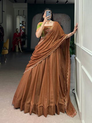 Brown Chocolate Crush Handwork Gotta Patti Lehenga Choli Set with 5-Meter Flair & Embroidered Dupatta – Stitched Lehenga with Canvas and Adjustable Designer Blouse ClothsVilla