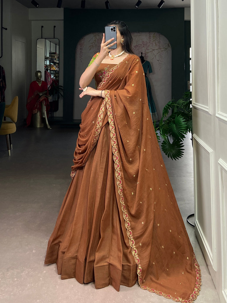 Brown Chocolate Crush Handwork Gotta Patti Lehenga Choli Set with 5-Meter Flair & Embroidered Dupatta – Stitched Lehenga with Canvas and Adjustable Designer Blouse ClothsVilla