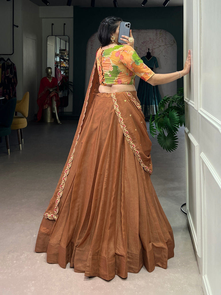 Brown Chocolate Crush Handwork Gotta Patti Lehenga Choli Set with 5-Meter Flair & Embroidered Dupatta – Stitched Lehenga with Canvas and Adjustable Designer Blouse ClothsVilla