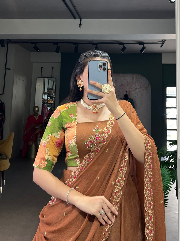 Brown Chocolate Crush Handwork Gotta Patti Lehenga Choli Set with 5-Meter Flair & Embroidered Dupatta – Stitched Lehenga with Canvas and Adjustable Designer Blouse ClothsVilla