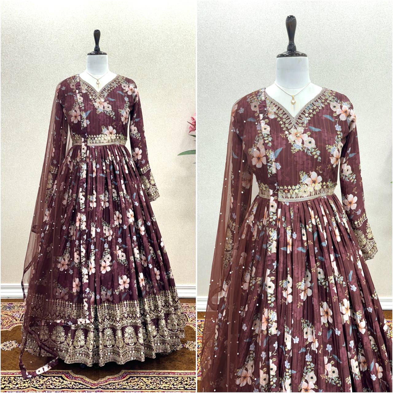 Brown Color Designer Party Wear Pure Chinon Silk Top, Palazzo & Dupatta Set ClothsVilla