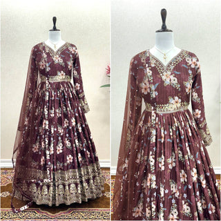 Brown Color Designer Party Wear Pure Chinon Silk Top, Palazzo & Dupatta Set ClothsVilla