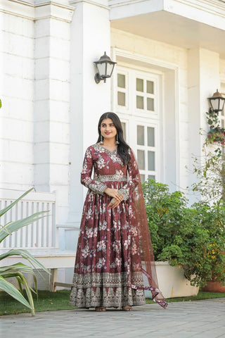Brown Color Designer Party Wear Pure Chinon Silk Top, Palazzo & Dupatta Set ClothsVilla