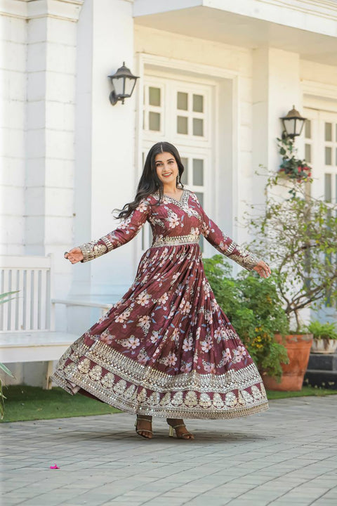 Brown Color Designer Party Wear Pure Chinon Silk Top, Palazzo & Dupatta Set ClothsVilla Main image
