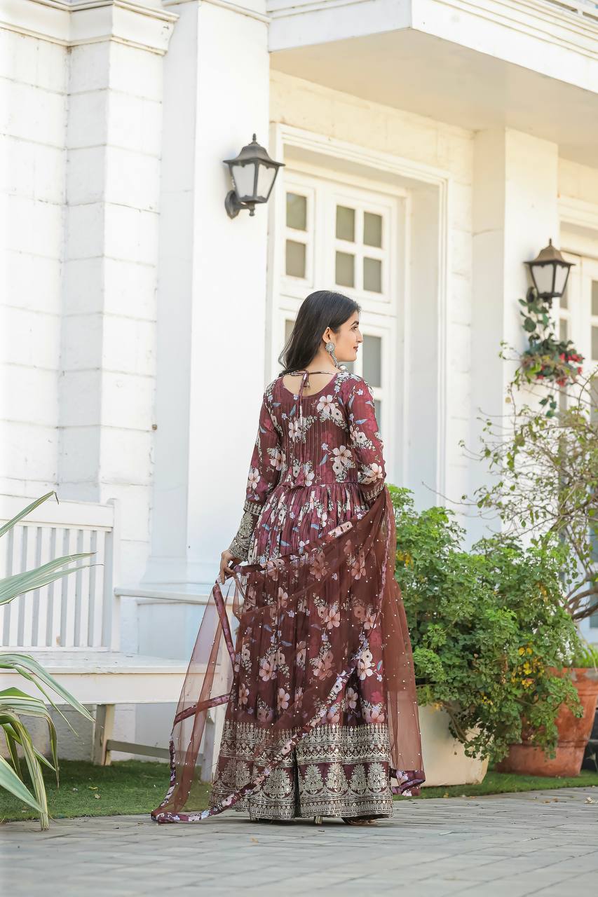 Brown Color Designer Party Wear Pure Chinon Silk Top, Palazzo & Dupatta Set ClothsVilla