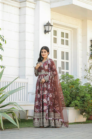 Brown Color Designer Party Wear Pure Chinon Silk Top, Palazzo & Dupatta Set ClothsVilla