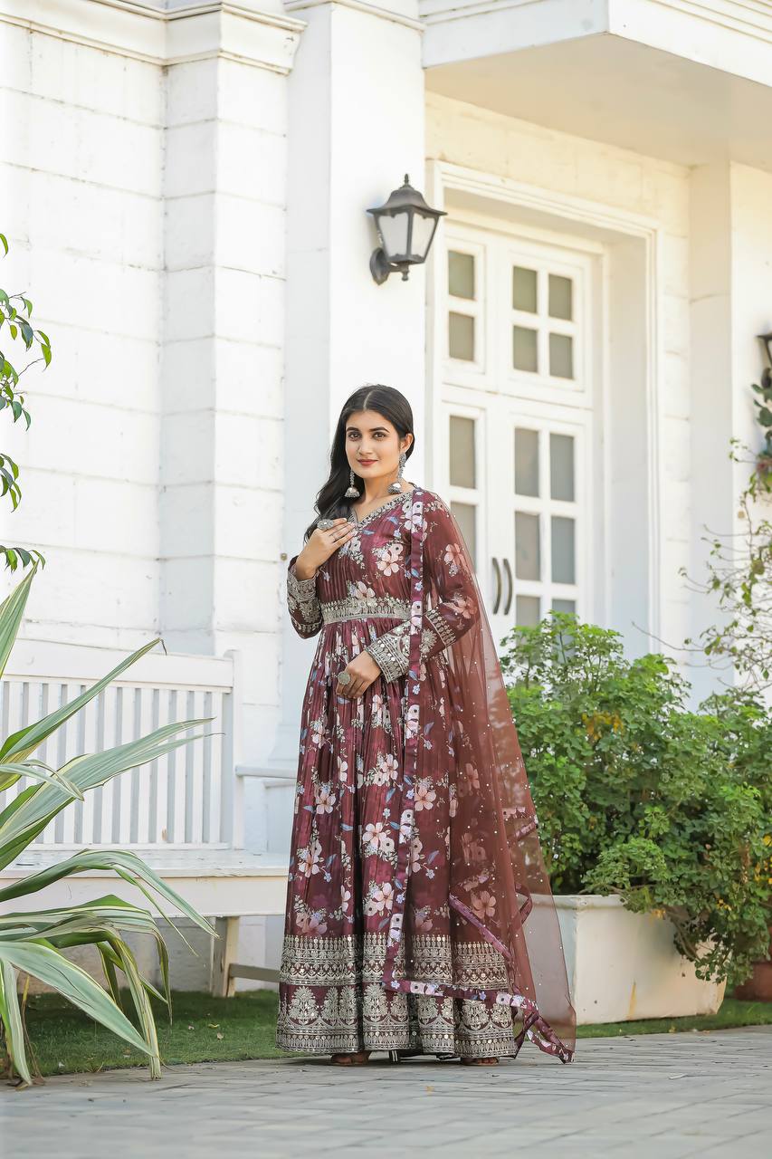 Brown Color Designer Party Wear Pure Chinon Silk Top, Palazzo & Dupatta Set ClothsVilla