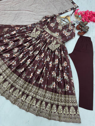 Brown Color Designer Party Wear Pure Chinon Silk Top, Palazzo & Dupatta Set ClothsVilla