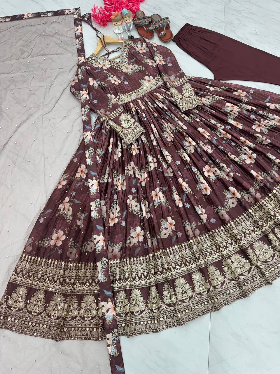 Brown Color Designer Party Wear Pure Chinon Silk Top, Palazzo & Dupatta Set ClothsVilla