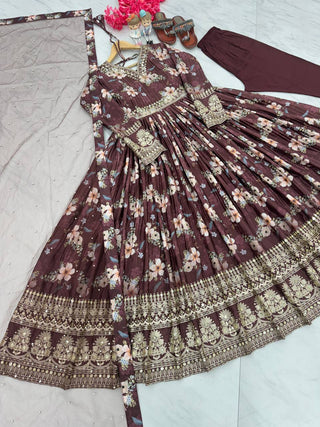 Brown Color Designer Party Wear Pure Chinon Silk Top, Palazzo & Dupatta Set ClothsVilla