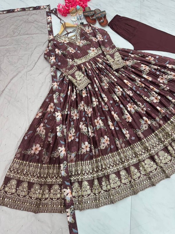 Brown Color Designer Party Wear Pure Chinon Silk Top, Palazzo & Dupatta Set ClothsVilla