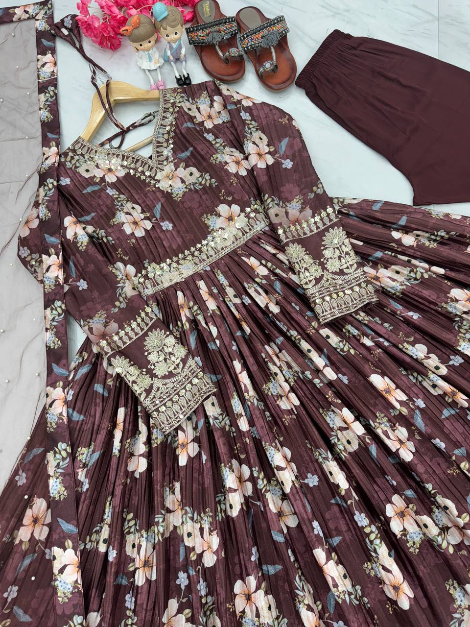 Brown Color Designer Party Wear Pure Chinon Silk Top, Palazzo & Dupatta Set ClothsVilla