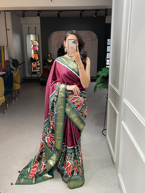 Brown Color Dola Silk Patola Saree with Shimmering Foil Work ClothsVilla Main image