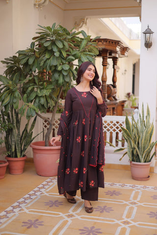 Brown Cotton Embroidered Kurti Pant Set ClothsVilla
