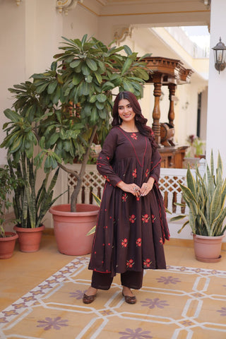 Brown Cotton Embroidered Kurti Pant Set ClothsVilla