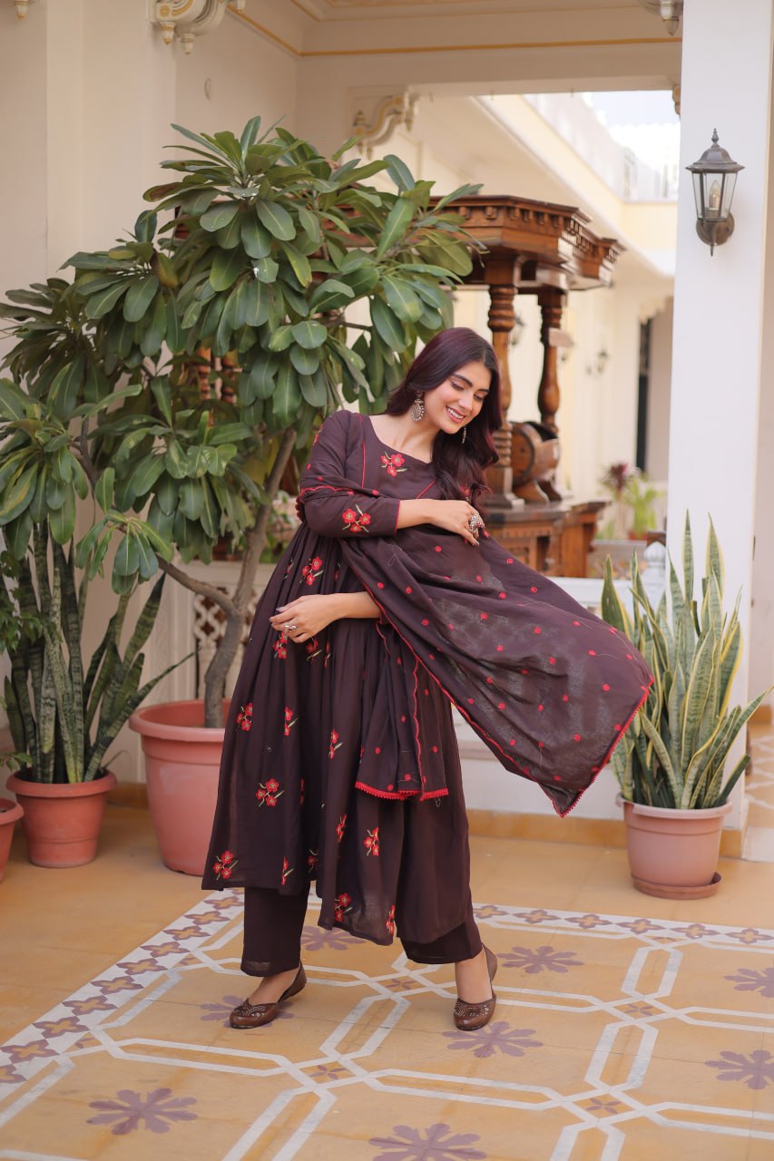 Brown Cotton Embroidered Kurti Pant Set ClothsVilla