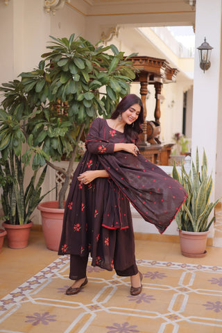 Brown Cotton Embroidered Kurti Pant Set ClothsVilla