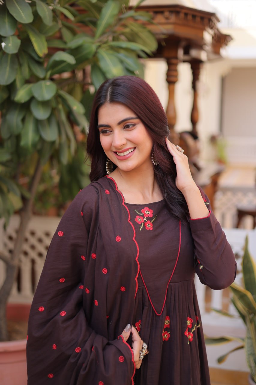 Brown Cotton Embroidered Kurti Pant Set ClothsVilla