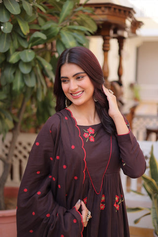 Brown Cotton Embroidered Kurti Pant Set ClothsVilla