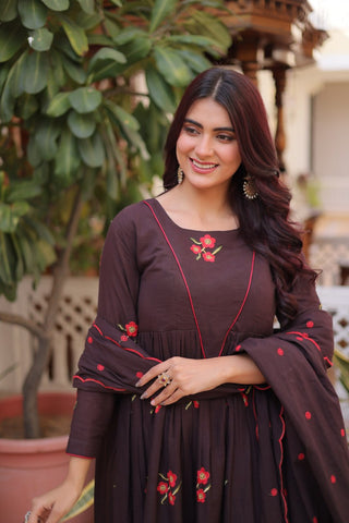 Brown Cotton Embroidered Kurti Pant Set ClothsVilla