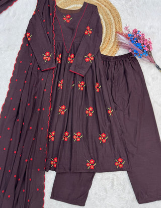 Brown Cotton Embroidered Kurti Pant Set ClothsVilla