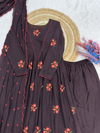 Brown Cotton Embroidered Kurti Pant Set ClothsVilla