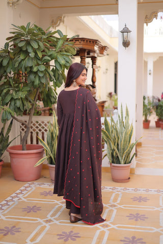Brown Cotton Embroidered Kurti Pant Set ClothsVilla